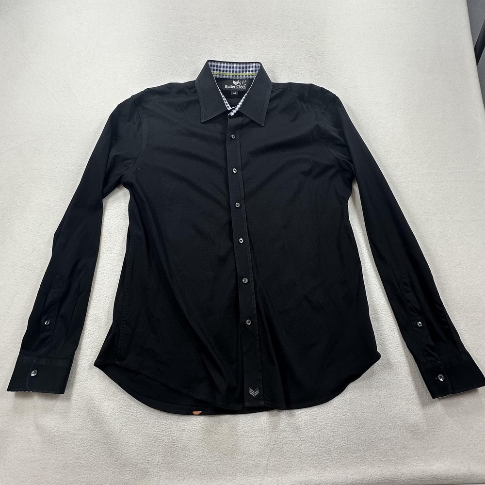 Butter Cloth Shirt Mens Medium Black Long Sleeve Button Up Dress Gingham Trim